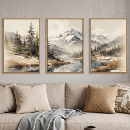 Boho Misty Mountain Watercolor Framed Canvas Wall Art Set-16"x24"x3 - color: Misty Mountain Wall Art, size: 16"L x 24"W