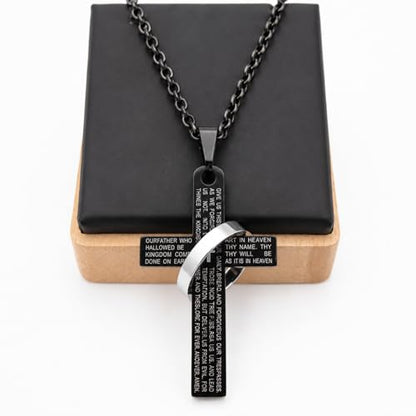 Lord's Prayer Engraved Cross Pendant Necklace with Ring Stainless Steel Religious Jewelry for Men and Women, Faith-Inspired Gift - color: Black
