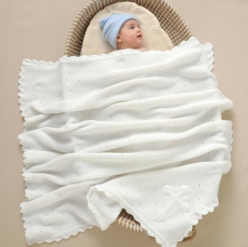mimixiong Baby Christening Blanket Cotton Soft Knit with Stitching Cross - color: White