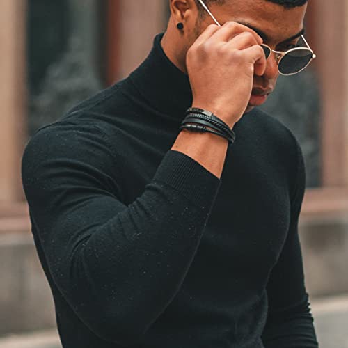 SERASAR Men's Leather Bracelet with Stainless Steel Magnetic Clasp - color: Black, size: 20cm, style: Brave