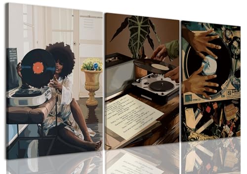 AOYUSMO 3 Piece Black Girl Wall Art African American Wall Decor Black Woman Canvas Art Fashion Music Pictures Dj Studio Paintings Trendy Artwork For Living Room Bedroom - color: Record Girl, size: 12x16in