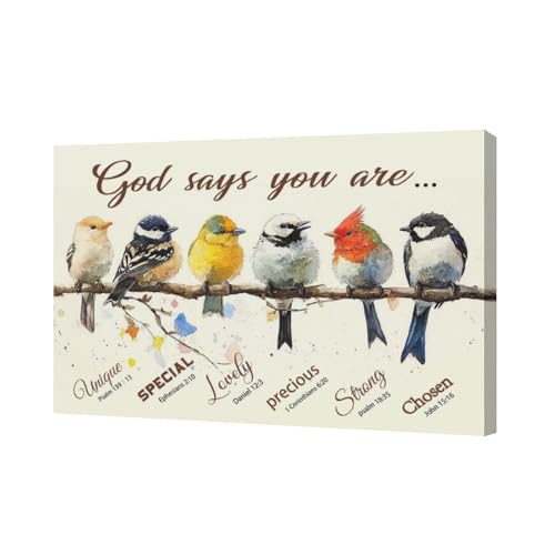 Farmhouse Bird Wall Decor Christian Bible Verse Pictures Wall Art Funny Birds Canvas Print God Says You Are Painting Framed Modern Home Artwork Decorations For Bathroom Bedroom Kitchen Office 24"x16" - color: Cute Birds, size: 24"L x 16"W