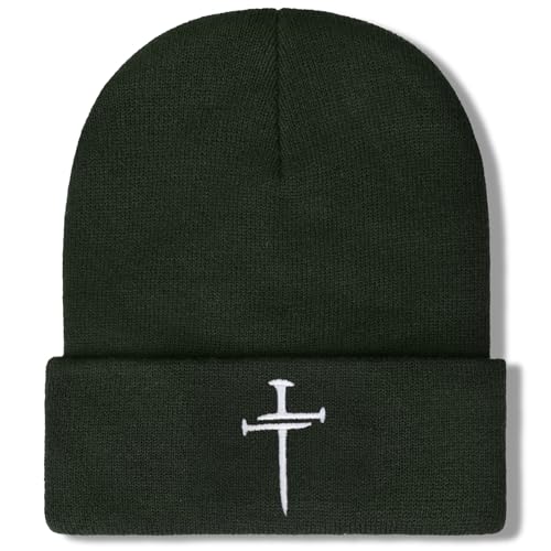Christian Jesus Cross Beanie - Faith Winter Beanie Hats for Men Women - Religious Gifts for Christmas & New Years - color: Three Nails Cross/Army Green