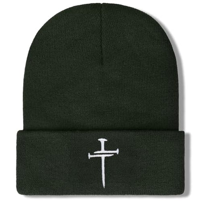 Christian Jesus Cross Beanie - Faith Winter Beanie Hats for Men Women - Religious Gifts for Christmas & New Years - color: Three Nails Cross/Army Green