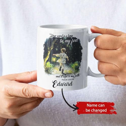 Boy Holding Lantern Cup, Custom Name Christian Mug, Religious Coffee Cup 11oz 15oz, Personalized Bible Accent Mug, Gift For Kids, Customized Christian Ceramic Cup, Motivational Religious Mug - color: XUA-624-2335-A Boy Holding A Lantern