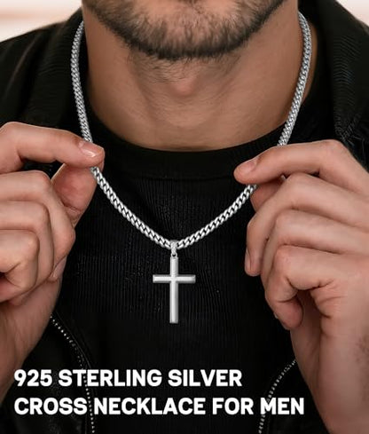 925 Sterling Silver Cross Necklace for Men, 18k Gold Plated Sterling Silver Cross Necklace with 5mm Durable Stainless Steel Cuban Link Chain for Men, 18 20 22 24 26 Inch - color: Silver Cross Pendant