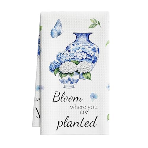 Blue Hydrangea Kitchen Towels, Blue And White Porcelain Dish Towel For Kitchen Bathroom, Chinoiserie Floral Decorative Hand Towels, Butterfly Fast Drying Tea Towel, Spring Gifts Home Decor-S14 - color: Hydrangea-02