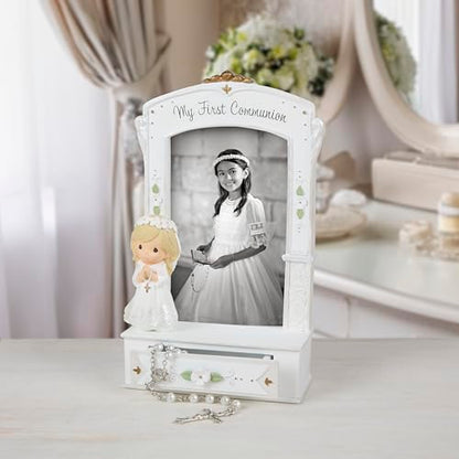 Precious Moments 252413 My First Communion Photo Frame with Storage Drawer and White Rosary, Resin and Glass Picture Frame, Holds 4 x 6 in Photo, Catholic Communion Gift