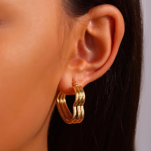 18K Gold Plated Hoop Earrings for Women, NICKEL-FREE & HYPOALLERGENIC, Timeless Jewelry Gift - color: GoldD-Stainless steel