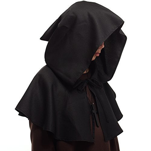 BLESSUME Friar Hooded Robe Monk Renaissance Priest Halloween Medieval Role Play Costume - color: Black Cowl Hat+robe+ Waist Rope+necklace, size: Medium