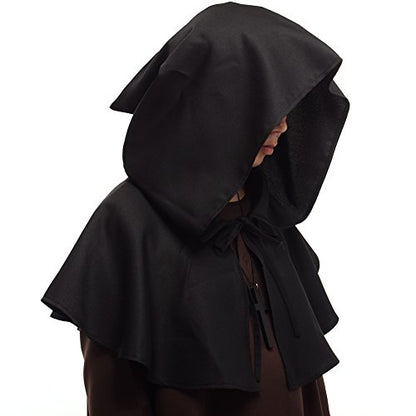BLESSUME Friar Hooded Robe Monk Renaissance Priest Halloween Medieval Role Play Costume - color: Black Cowl Hat+robe+ Waist Rope+necklace, size: Medium