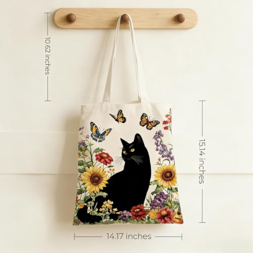 Canvas Tote Bags Reusable Shopping Bag for Women with Zippered Inner Pocket Magnetic Snap Closure - color: Black Cat 1