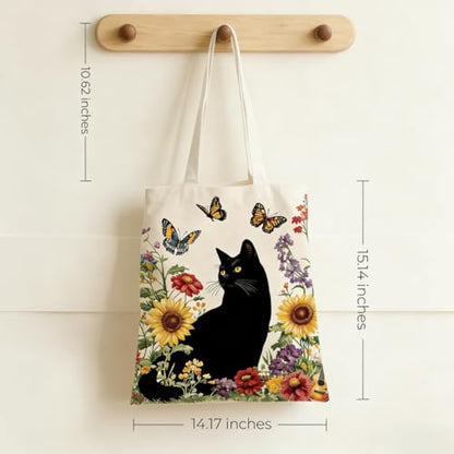 Canvas Tote Bags Reusable Shopping Bag for Women with Zippered Inner Pocket Magnetic Snap Closure - color: Black Cat 1