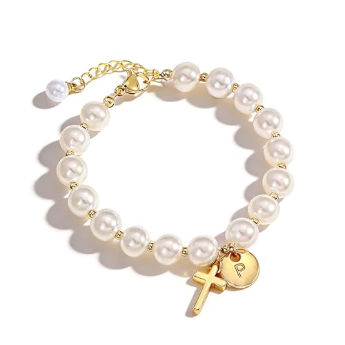 Cross Initial Bracelet Dainty Gold Cross Pearl Bracelet with Letter A-Z Christian Baptism Gifts Religious Faith Jewelry Stocking Stuffers for Teens - color: Gold P