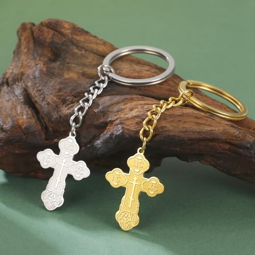 TEAMER Cross Keychain Russian Orthodox Crucifix Eastern Church Keychain Religious Christian Prayer Jewelry for Men Women - color: Silver