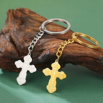 TEAMER Cross Keychain Russian Orthodox Crucifix Eastern Church Keychain Religious Christian Prayer Jewelry for Men Women - color: Silver