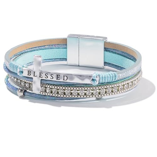 Christian Cross Leather Bracelets Boho Western Blessing Religious Jewelry - color: Teal
