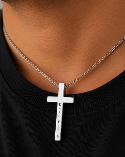 Engraved Cross Necklace for Men, Women & Boys & Girls Cross Necklace, Stainless Steel Cross Pendant Necklace, Faith & Inspiration Christian Jewelry Gift - color: Keep Faith