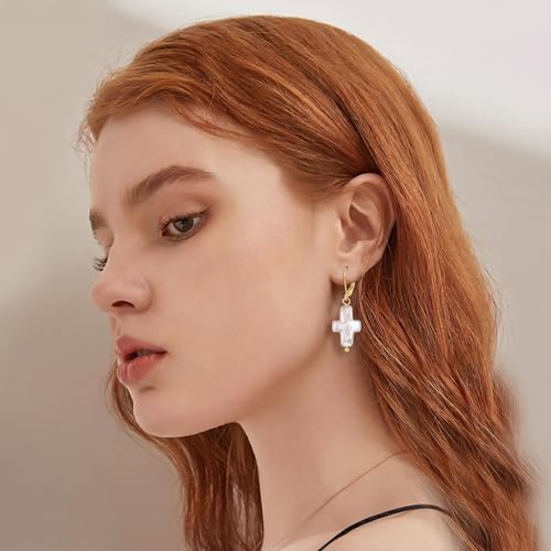 925 Sterling Silver Cross Pearl Dangle Earrings Pearls Drop Jewelry Birthday Gifts for Women - color: Gold