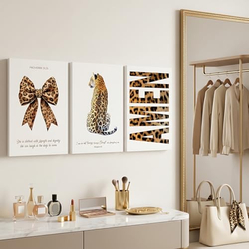 Trendy Leopard Canvas Wall Art Set of 3, Preppy Cheetah Posters Wall Decor,Bible Verse Bow Aesthetic Prints Paintings,for Bedroom bathroom livingroom office Fashion Decor 12x16in Framed - color: Biblical Cheetah canvas, size: 16"Lx12"W