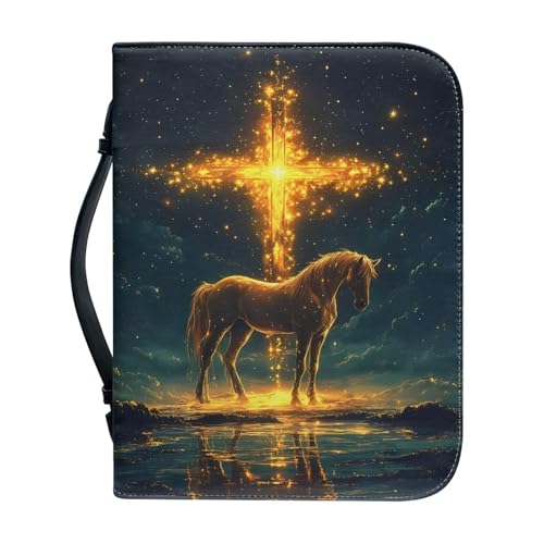 Bible Covers for Women Horse Gold Cross PU Leather Bible Case with Handle Waterproof Bible Protector Lightweight Bible Tote Bag for Man - color: Horse and Gold Cross, size: 2XL