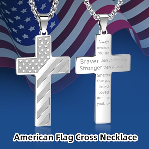 American Flag Cross Necklace for Men, Christian Confirmation Baptism Gifts - color: Silver, style: Brave Strong