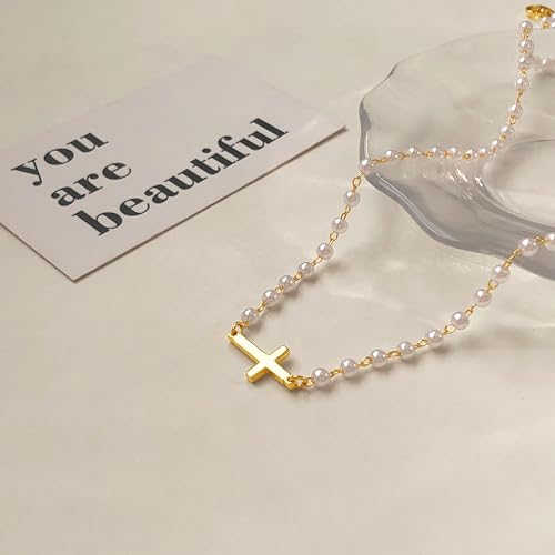 Airmb Cross Necklace for Women Choker 14K Gold/925 Silver Plated Dainty Choker Small Cross Pendant Trendy Cute Cross Charm Delicate Necklace Hypoallergenic Faith Jewelry Religious Gifts for Women - color: Sideways Cross-Pearl Chain-Gold