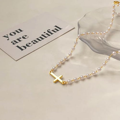 Airmb Cross Necklace for Women Choker 14K Gold/925 Silver Plated Dainty Choker Small Cross Pendant Trendy Cute Cross Charm Delicate Necklace Hypoallergenic Faith Jewelry Religious Gifts for Women - color: Sideways Cross-Pearl Chain-Gold