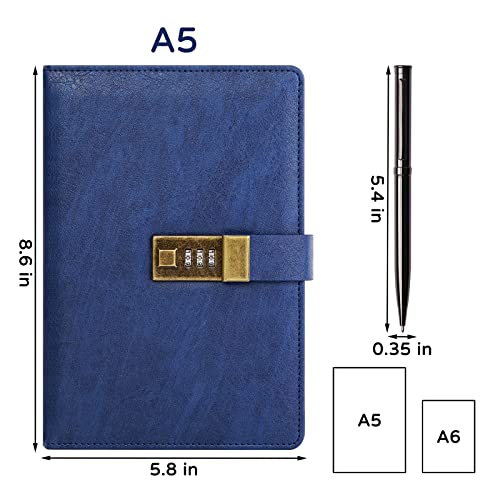 WEMATE Diary with Lock, A5 PU Leather Journal with Lock 240 Pages Blue - color: Blue