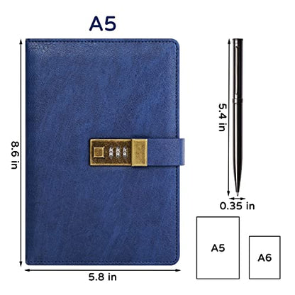 WEMATE Diary with Lock, A5 PU Leather Journal with Lock 240 Pages Blue - color: Blue