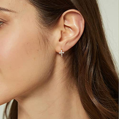 BERRICLE Sterling Silver Cross Mini Hoop Huggie Earrings for Women, Cubic Zirconia CZ 0.5 inch - style: Gold Flashed