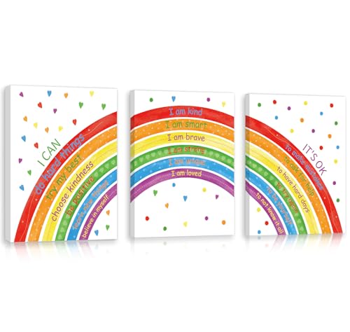 HOURIA Framed Rainbow Kids Affirmations Canvas Wall Art,(3PCS.12 x16“) I Can I Am It's OK Inspirational Wall Art,Positive Motivational Rainbow Decor for Classroom Playroom Nursery - color: Rainbow Affirmations Wall Art, size: 12X16inches