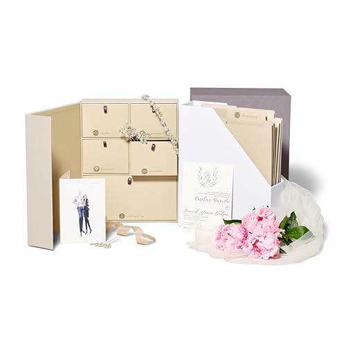 Savor | Deluxe Wedding Keepsake Box with 52 Labels, 6 Drawers, and 8 Vertical Files | Acid-Free Memory Organizer for Wedding Day, Bridal Shower & Anniversary (Slate, Caroline Font) - color: Slate, size: Caroline Font