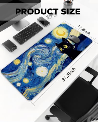 Mouse Pad, Desk Mat, 31.5x11.8in Large Mousepad - color: Blue Starry Sky Cat