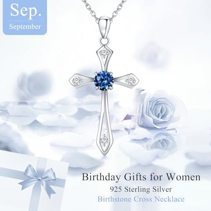 Cross Necklace for Women,925 Sterling Silver Faith Jewerly Gift - color: 09-September-Sapphire