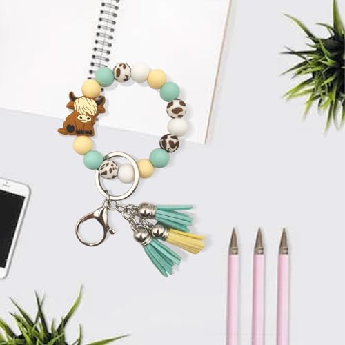SHINYHARBOR Silicone Beaded Wristlet Keychain Bracelet,Key Wrist Keychains for Women Mom Teachers Best Friend - color: Cow-green