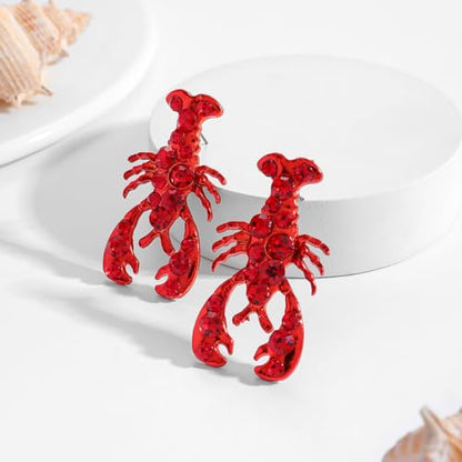 Creative Exaggerated Ocean Animal Drop Dangle Earrings for Women, Bohemia Style Alloy Lobster Octopus Fish Crab Earrings for Summer Beach Holiday Party Jewelry Gifts - style: Red Rhinestone Lobster Earrings-G