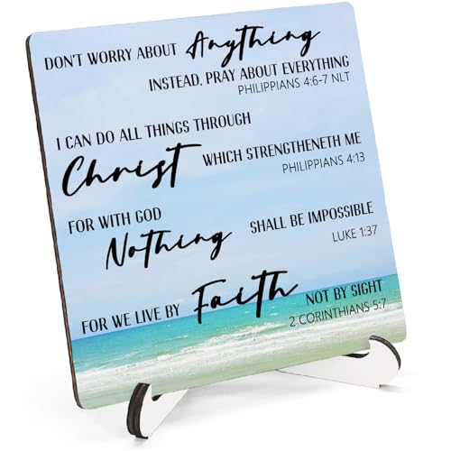 Beach Christian Bible Verse Wooden Sign Desk Decor, Christian Faith Based Gifts Wood Plaque Sign With Stand for Beach Lake House Home Office Desk Table Shelf Decoration, 5x5 Inch - color: Beach Faith, size: 5x5x1.1 in