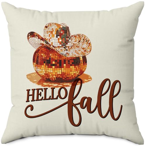 Hello Fall Western Disco Ball Pumpkin Throw Pillow Covers 18x18 - color: Disco Ball