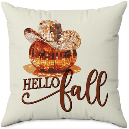 Hello Fall Western Disco Ball Pumpkin Throw Pillow Covers 18x18 - color: Disco Ball