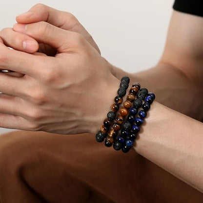 Mens Beaded Bracelets, 8MM Beaded Bracelets for Men, Natural Tiger Eye Bead Bracelet, Stretch Elastic Beads Bracelets for Men - color: 4 yellow volcanic blue tiger eye
