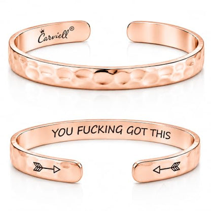 Carviell Bracelets for Women – 100+ Meaningful Engraved Messages – Solid 316L Surgical Stainless Steel Cuff Bracelet – Gift Ready - color: BADASS Gift - YOU F##king Got This - ROSE GOLD