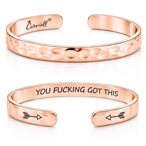 Carviell Bracelets for Women – 100+ Meaningful Engraved Messages – Solid 316L Surgical Stainless Steel Cuff Bracelet – Gift Ready - color: BADASS Gift - YOU F##king Got This - ROSE GOLD