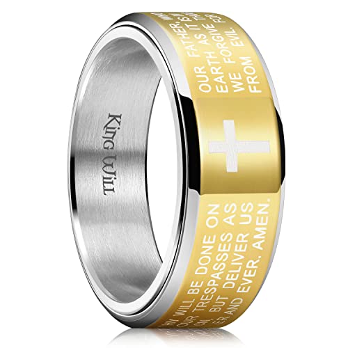 King Will 8mm Black/Gold/Silver Prayer Stainless Steel Ring - color: Silver & Yellow