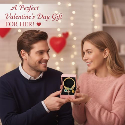 A&K Collections Mothers Day 18K Gold Beads Easter Basket Stuffers Bangle with Rhinestones Pandora Style Trendy Cross Heart Charm Luxury Adjustable Bracelet for Women Teen Girl Gifts Trendy Stuff Religious Jewelry - color: 18K GOLD/Green Charms