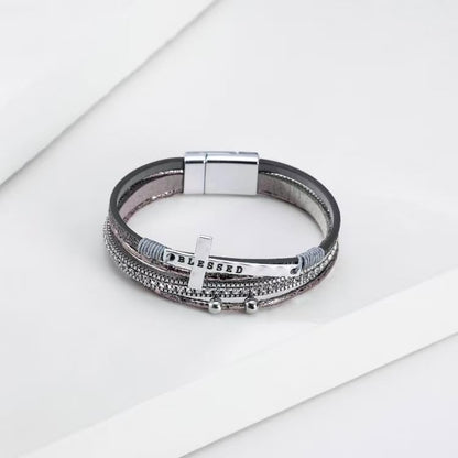 LINGYUAN Cross Bracelet for Women, Leather Religious Christian Jewelry - color: Gray