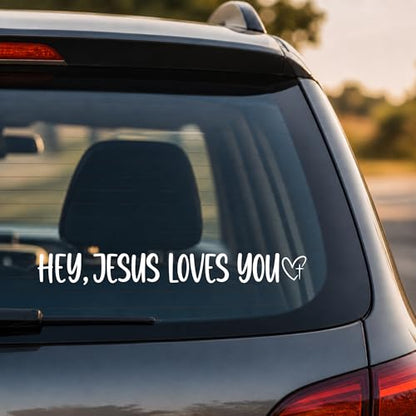 (2PCS) Hey Jesus Loves You Car Decal, Christian Vinyl Decal for Cars, Window, Truck, Laptop, Wall, Bumper, Vehicle, Waterproof Religious Decal - Christian Gifts for Men and Women - Size 8'' x 1''
