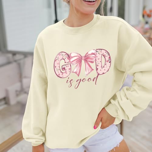 KEEVICI God Is Good Christian Sweatshirts for Women Bow Jesus Cute Bible Verse Sweatshirt Faith Religious Graphic Hoodies - color: Apricot, size: X-Large