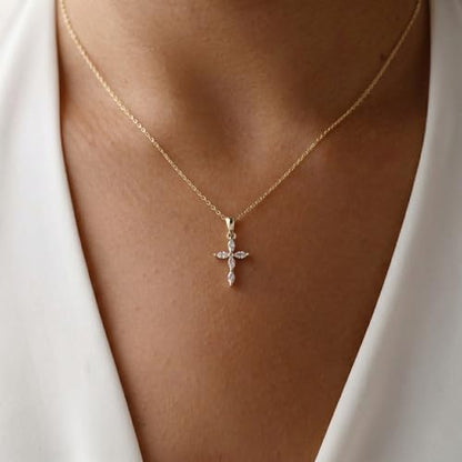 Cross Necklace for Women, Dainty 14K Gold Plated CZ Pendant - color: Gold-marquise cz cross