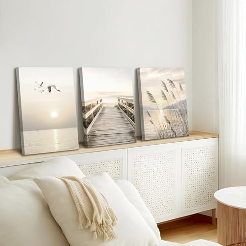 WENGTIAO Seascape Wall Art Beige Reeds Sunset Canvas Paintings 16"x24"x3 - color: Peaceful Bridge Beside Sea, size: 16"x24"x3Pcs